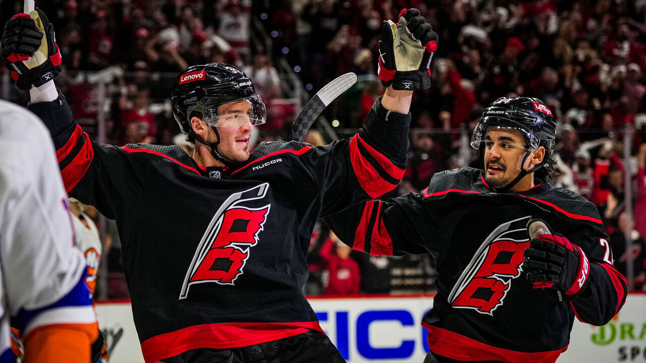 RALEIGH, NORTH CAROLINA - APRIL 30: Andrei Svechnikov #37 of the Carolina Hurricanes celebrates after a goal during the first period against the New York Islanders in Game Five of the First Round of the 2024 Stanley Cup Playoffs at PNC Arena on April 30, 2024 in Raleigh, North Carolina.