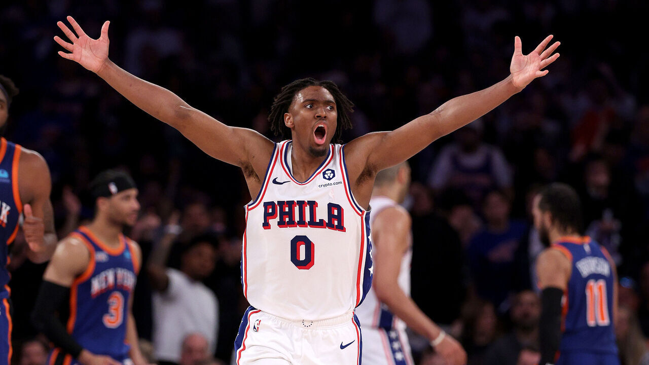 NEW YORK, NEW YORK - APRIL 30: Tyrese Maxey #0 of the Philadelphia 76ers reacts in the fourth quarter against the New York Knicks at Madison Square Garden on April 30, 2024 in New York City. The Philadelphia 76ers defeated the New York Knicks 112-106 in overtime.