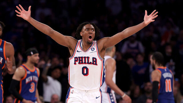NEW YORK, NEW YORK - APRIL 30: Tyrese Maxey #0 of the Philadelphia 76ers reacts in the fourth quarter against the New York Knicks at Madison Square Garden on April 30, 2024 in New York City. The Philadelphia 76ers defeated the New York Knicks 112-106 in overtime.