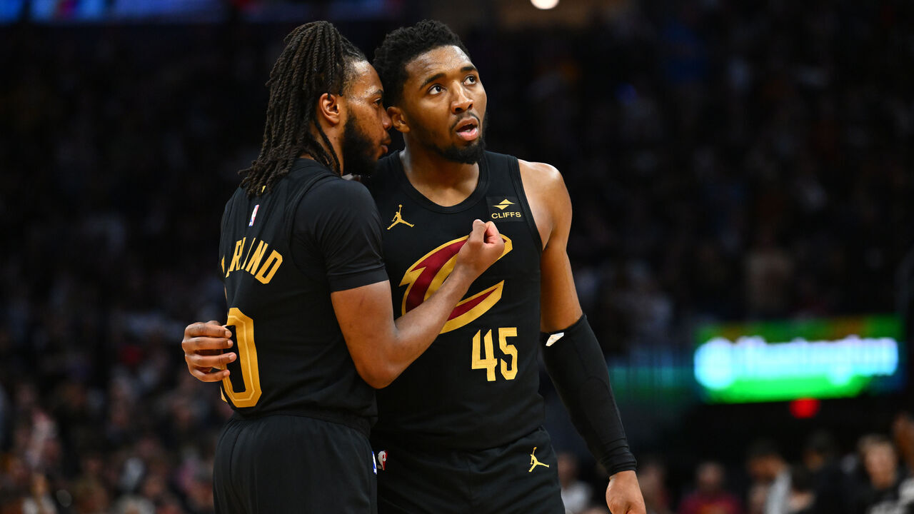 CLEVELAND, OHIO - APRIL 30: (L-R) Darius Garland #10 of the Cleveland Cavaliers talks with teammate Donovan Mitchell #45 during the fourth quarter of game five of the Eastern Conference First Round Playoffs against the Orlando Magic at Rocket Mortgage Fieldhouse on April 30, 2024 in Cleveland, Ohio. The Cavaliers defeated the Magic 104-103.