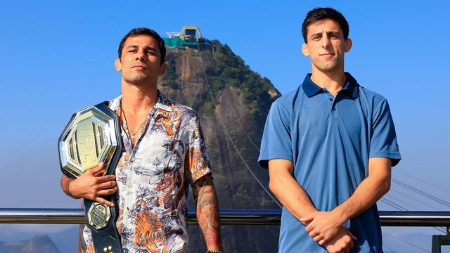RIO DE JANEIRO, BRAZIL - APRIL 29: Opponents Alexandre Pantoja (L) of Brazil and Steve Erceg of Australia pose for photo prior to the UFC 301 at Sugar Loaf on April 29, 2024 in Rio de Janeiro, Brazil.