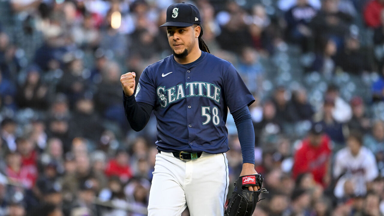 SEATTLE, WASHINGTON - APRIL 30: Luis Castillo #58 of the Seattle Mariners reacts during the third inning against the Atlanta Braves at T-Mobile Park on April 30, 2024 in Seattle, Washington.