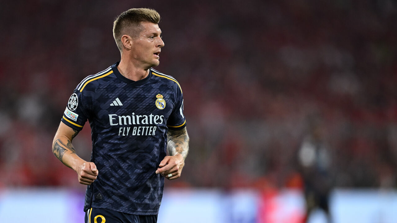 MUNICH, GERMANY - APRIL 30: Toni Kroos of Real Madrid in reacts during the UEFA Champions League semi-final first leg match between FC Bayern München and Real Madrid at Allianz Arena on April 30, 2024 in Munich, Germany.