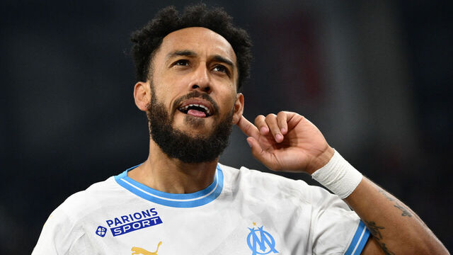Marseille's French-Gabonese forward #10 Pierre-Emerick Aubameyang celebrates after scoring a goal during the French L1 football match between Olympique Marseille (OM) and RC Lens at Stade Velodrome in Marseille, southern France, on April 28, 2024.