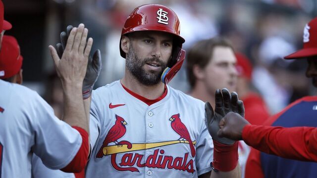 DETROIT, MI - APRIL 30: Paul Goldschmidt #46 of the St. Louis Cardinals celebrates after scoring the go-ahead run on a sacrifice fly ball hit by Pedro Pagés during the ninth inning of game one of a doubleheader at Comerica Park on April 30, 2024 in Detroit, Michigan.