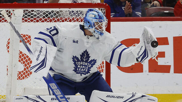 SUNRISE, FLORIDA - APRIL 16: Goaltender Joseph Woll #60 of the Toronto Maple Leafs defends the net during second period action against the Florida Panthers at the Amerant Bank Arena on April 16, 2024 in Sunrise, Florida.