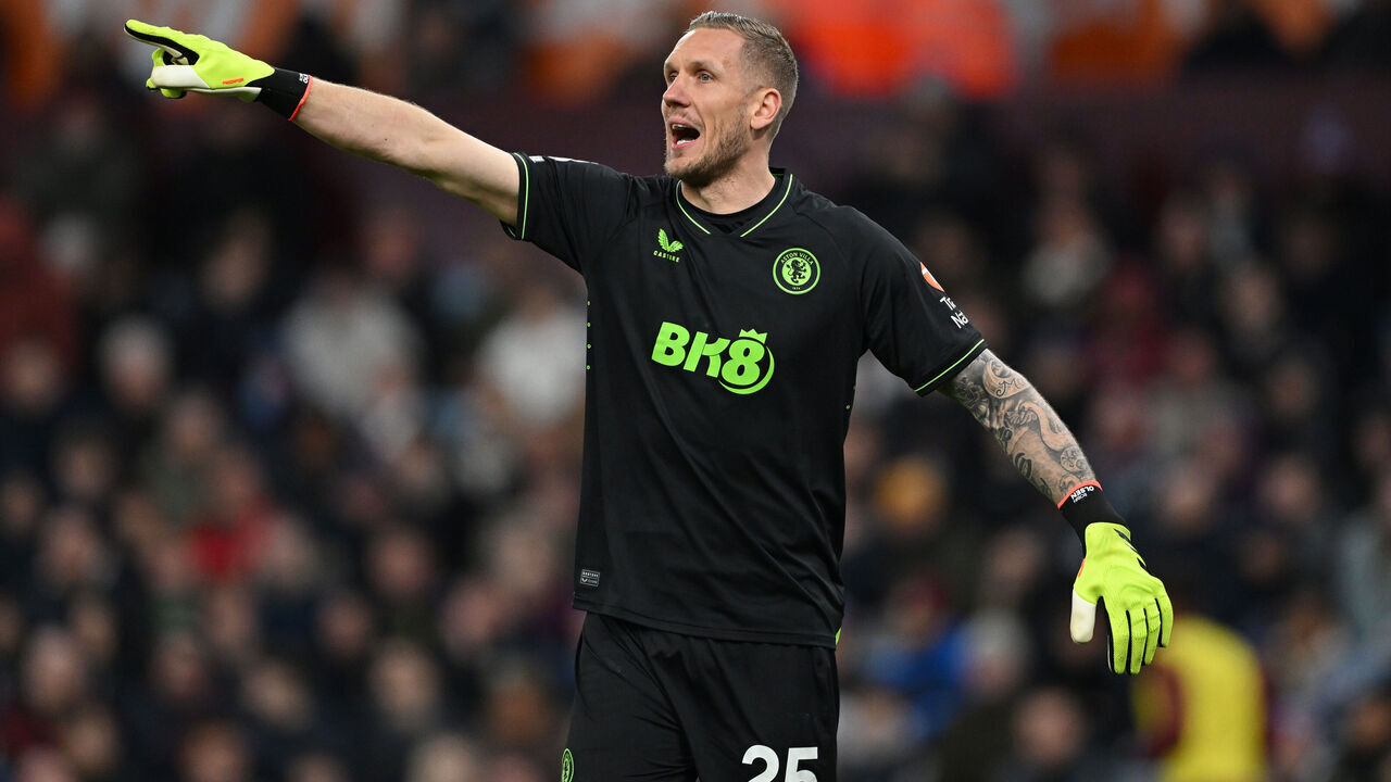 BIRMINGHAM, ENGLAND - APRIL 27: Robin Olsen of Aston Villa gestures during the Premier League match between Aston Villa and Chelsea FC at Villa Park on April 27, 2024 in Birmingham, England.