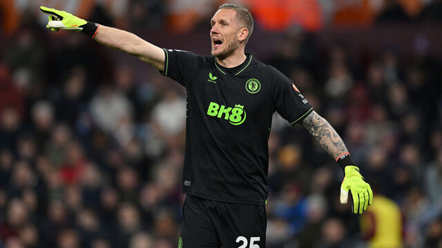 BIRMINGHAM, ENGLAND - APRIL 27: Robin Olsen of Aston Villa gestures during the Premier League match between Aston Villa and Chelsea FC at Villa Park on April 27, 2024 in Birmingham, England.