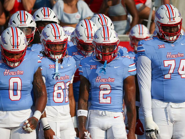 HOUSTON, TX- SEPTEMBER 02: (left to right) Houston Cougars defensive lineman Sedrick Williams (0), Houston Cougars wide receiver CJ Nelson (81), Houston Cougars wide receiver Matthew Golden (2) and Houston Cougars offensive lineman Reuben Unije (74) wait to enter the field during the college football game between the UTSA Roadrunners and Houston Cougars on September 2, 2023 at TDECU Stadium in Houston, Texas.