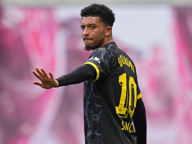 LEIPZIG, GERMANY - APRIL 27: Jadon Sancho of Borussia Dortmund gestures during the Bundesliga match between RB Leipzig and Borussia Dortmund at Red Bull Arena on April 27, 2024 in Leipzig, Germany.