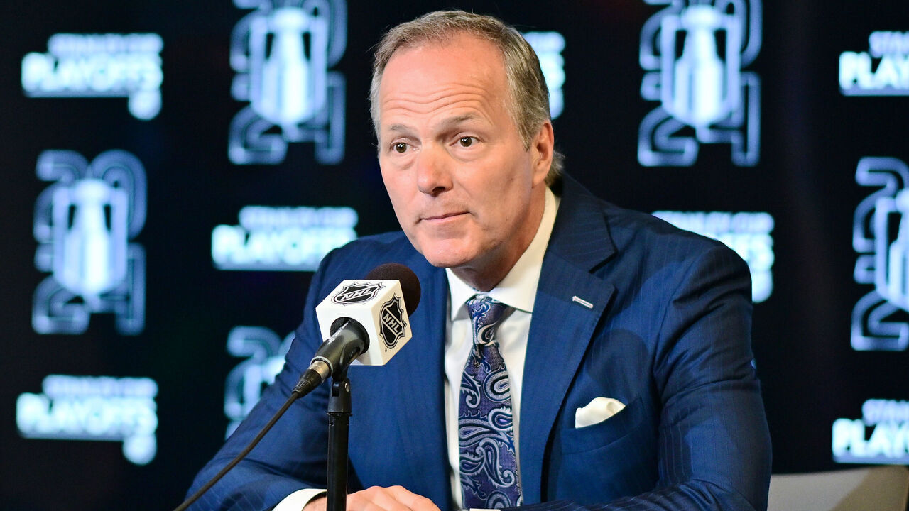 TAMPA, FLORIDA - APRIL 25: Head coach Jon Cooper of the Tampa Bay Lightning answers questions at a press conference after 5-3 loss against the Florida Panthers in Game Three of the First Round of the 2024 Stanley Cup Playoffs at Amalie Arena on April 25, 2024 in Tampa, Florida.