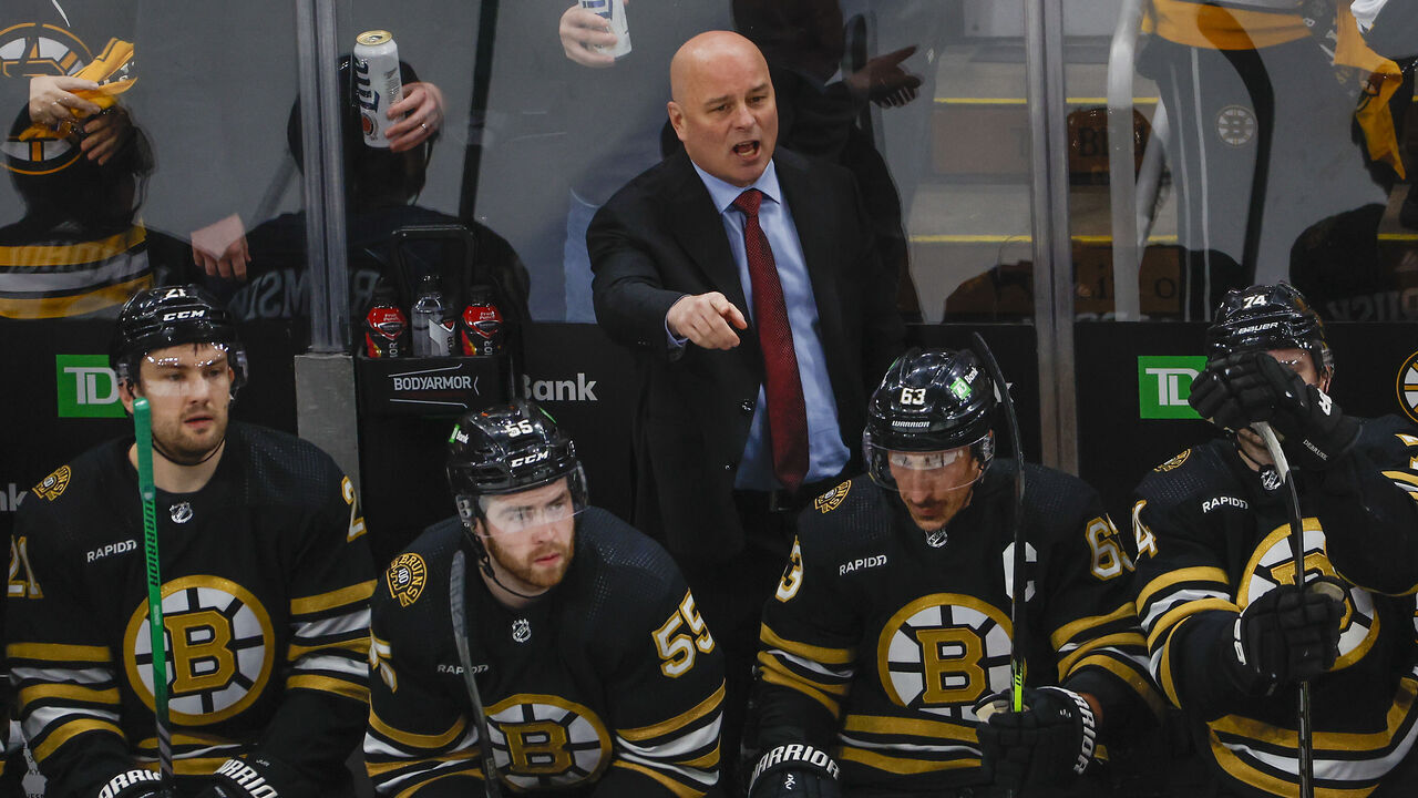 Boston, MA - April 30: Boston Bruins head coach Jim Montgomery yelling instructions after Trent Frederic's goal in the first period.