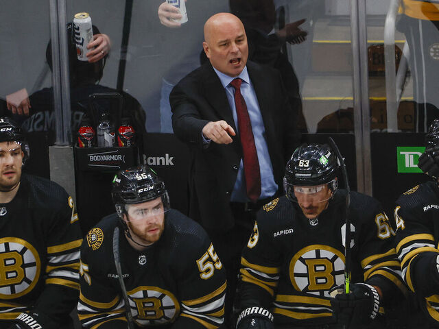 Boston, MA - April 30: Boston Bruins head coach Jim Montgomery yelling instructions after Trent Frederic's goal in the first period.