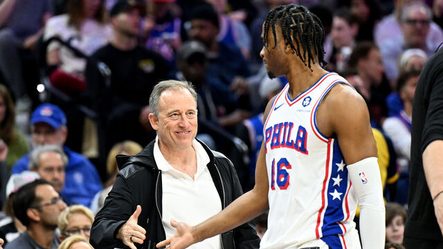 PHILADELPHIA, PENNSYLVANIA - APRIL 14: Philadelphia 76ers owner Josh Harris celebrates with Ricky Council IV #16 in the fourth quarter against the Brooklyn Nets at the Wells Fargo Center on April 14, 2024 in Philadelphia, Pennsylvania.