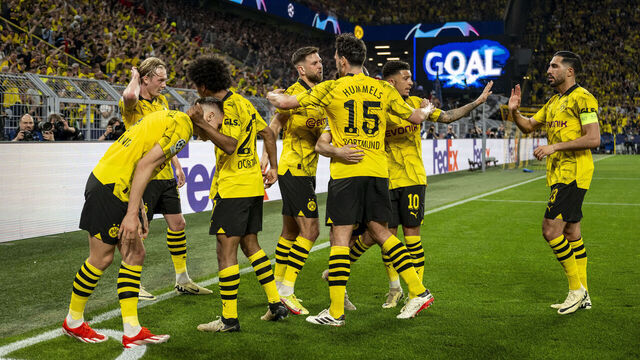 DORTMUND, GERMANY - MAY 1: Niclas Fuellkrug of Borussia Dortmund celebrates after scoring his team's 1st goal during the UEFA Champions League semi-final first leg match between Borussia Dortmund and Paris Saint-Germain at Signal Iduna Park on May 1, 2024 in Dortmund, Germany.