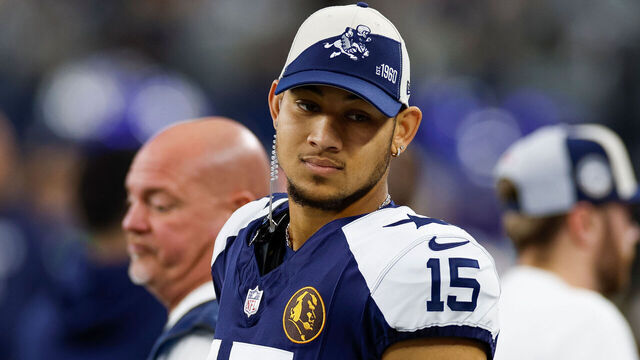 ARLINGTON, TEXAS - NOVEMBER 23: Trey Lance #15 of the Dallas Cowboys on the sideline against the Washington Commanders during the first half at AT&T Stadium on November 23, 2023 in Arlington, Texas.