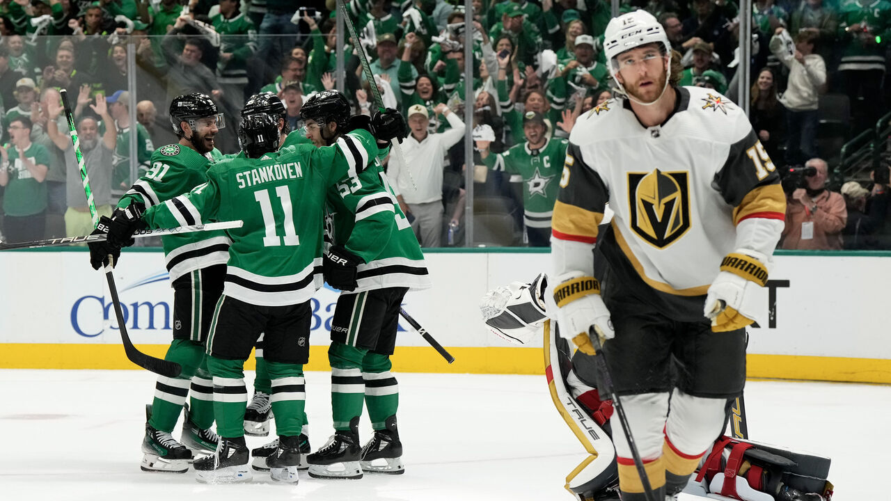 DALLAS, TEXAS - MAY 01: Matt Duchene #95 of the The Dallas Stars celebrates after scoring a goal with teammates Tyler Seguin #91, Logan Stankoven #11 and Wyatt Johnston #53 as Noah Hanifin #15 of the Vegas Golden Knights looks on during the first period of Game Five of the First Round of the 2024 Stanley Cup Playoffs at the American Airlines Center on May 01, 2024 in Dallas, Texas.