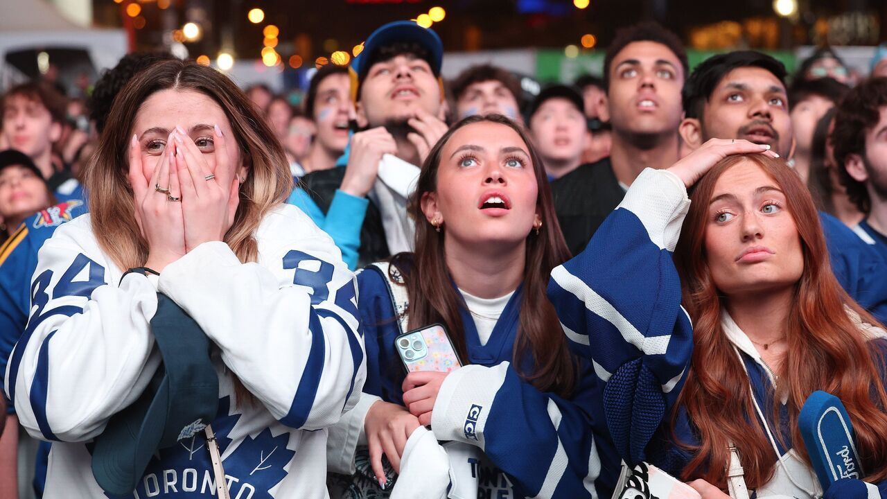 TORONTO, ON- APRIL 30 - Toronto Maple Leafs fans are on edge as they watch a close second and third periods leading to overtime as they gather in Maple Leaf Square Toronto Maple Leafs play the Boston Bruins in game 5 of their Stanley Cup first round series outside Scotiabank Arena in Toronto. April 30, 2024. Steve Russell/Toronto Star (Steve Russell/Toronto Star via Getty Images)