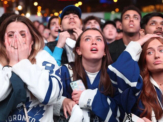 TORONTO, ON- APRIL 30 - Toronto Maple Leafs fans are on edge as they watch a close second and third periods leading to overtime as they gather in Maple Leaf Square Toronto Maple Leafs play the Boston Bruins in game 5 of their Stanley Cup first round series outside Scotiabank Arena in Toronto. April 30, 2024. Steve Russell/Toronto Star (Steve Russell/Toronto Star via Getty Images)