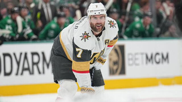 DALLAS, TX - APRIL 24: Alex Pietrangelo #7 of the Vegas Golden Knights skates against the Dallas Stars at the American Airlines Center on April 24, 2024 in Dallas, Texas.