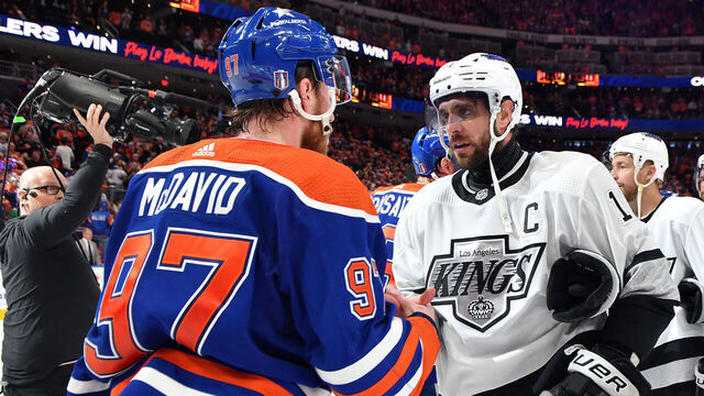 EDMONTON, CANADA - MAY 01: Connor McDavid #97 of the Edmonton Oilers and Anze Kopitar #11 of the Los Angeles Kings shake hands after Game Five of the First Round of the 2024 Stanley Cup Playoffs at Rogers Place on May 1, 2024, in Edmonton, Alberta, Canada.