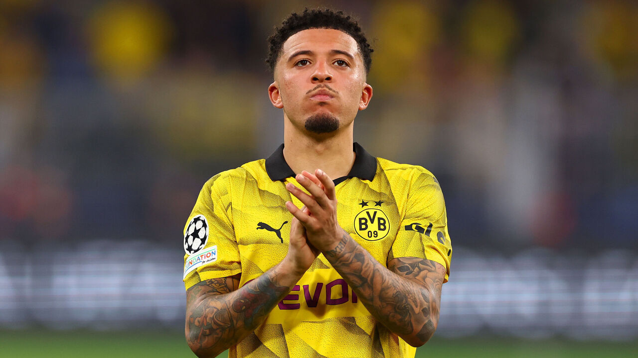 DORTMUND, GERMANY - MAY 01: Jadon Sancho of Borussia Dortmund applauds the supporters following the UEFA Champions League semi-final first leg match between Borussia Dortmund and Paris Saint-Germain at Signal Iduna Park on May 01, 2024 in Dortmund, Germany.