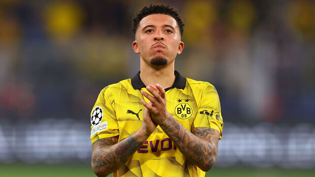 DORTMUND, GERMANY - MAY 01: Jadon Sancho of Borussia Dortmund applauds the supporters following the UEFA Champions League semi-final first leg match between Borussia Dortmund and Paris Saint-Germain at Signal Iduna Park on May 01, 2024 in Dortmund, Germany.