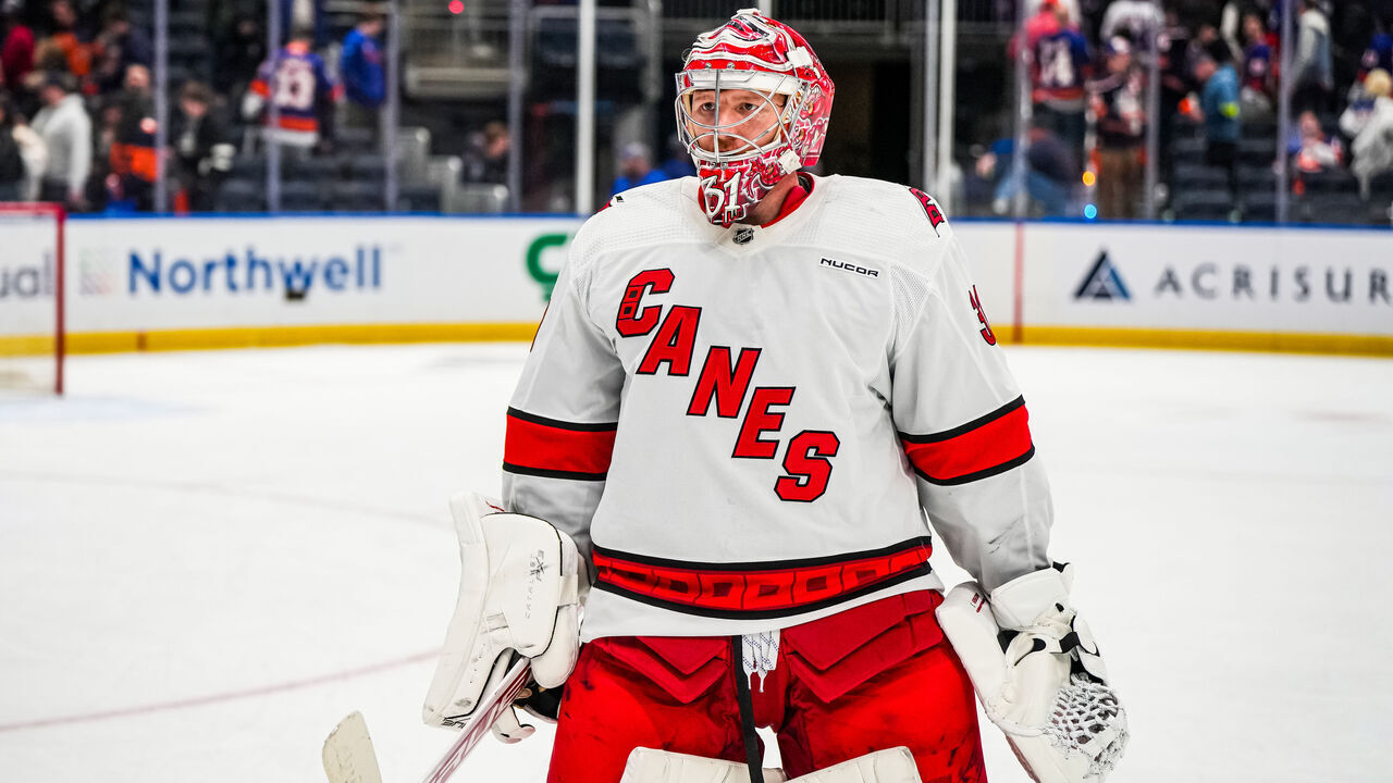 ELMONT, NEW YORK - APRIL 25: Frederik Andersen #31 of the Carolina Hurricanes reacts after a 3-2 victory against the New York Islanders in Game Three of the First Round of the 2024 Stanley Cup Playoffs at UBS Arena on April 25, 2024 in Elmont, New York.