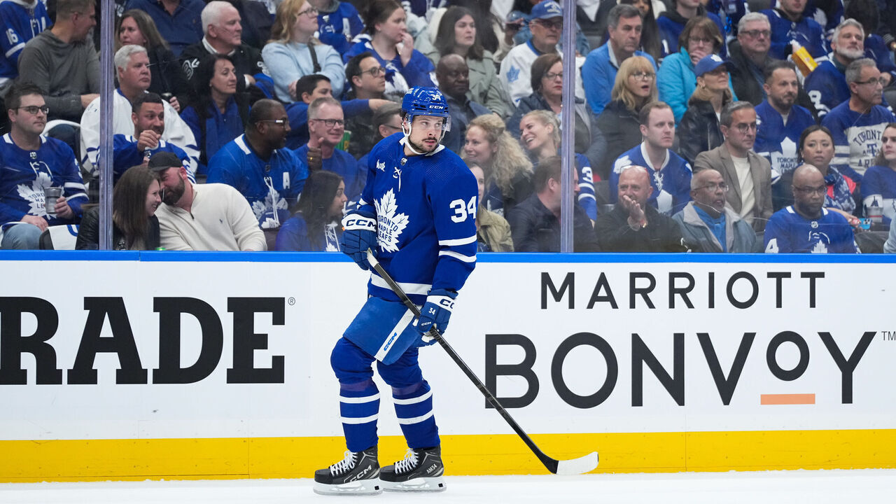 TORONTO, CANADA - APRIL 27: Auston Matthews #34 of the Toronto Maple Leafs looks on during the first period against the Boston Bruins in Game Four of the First Round of the 2024 Stanley Cup Playoffs at Scotiabank Arena on April 27, 2024 in Toronto, Ontario, Canada.