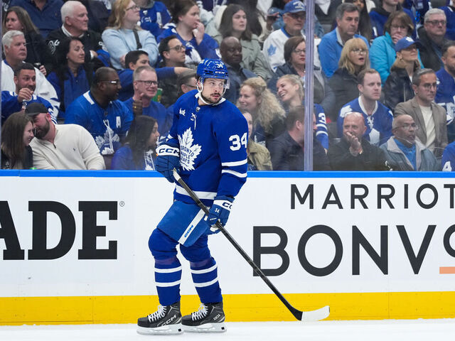 TORONTO, CANADA - APRIL 27: Auston Matthews #34 of the Toronto Maple Leafs looks on during the first period against the Boston Bruins in Game Four of the First Round of the 2024 Stanley Cup Playoffs at Scotiabank Arena on April 27, 2024 in Toronto, Ontario, Canada.