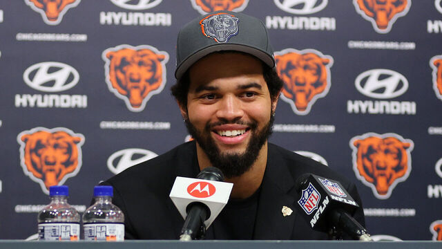 LAKE FOREST, ILLINOIS - APRIL 26: Caleb Williams #18 of the Chicago Bears speaks answers a question from the media during his introductory press conference at Halas Hall on April 26, 2024 in Lake Forest, Illinois. Caleb Williams was drafted first overall in the 2024 NFL Draft on Thursday.