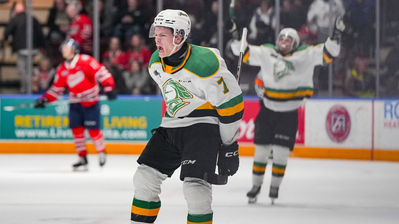 OSHAWA, CANADA - FEBRUARY 11: Easton Cowan #7 of the London Knights celebrates his overtime game winning goal against the Oshawa Generals at Tribute Communities Centre on February 11, 2024 in Oshawa, Ontario, Canada.