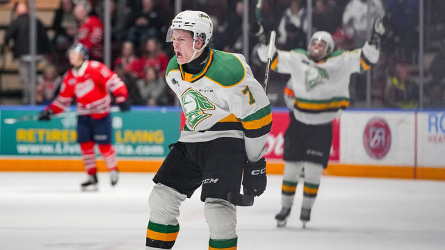 OSHAWA, CANADA - FEBRUARY 11: Easton Cowan #7 of the London Knights celebrates his overtime game winning goal against the Oshawa Generals at Tribute Communities Centre on February 11, 2024 in Oshawa, Ontario, Canada.