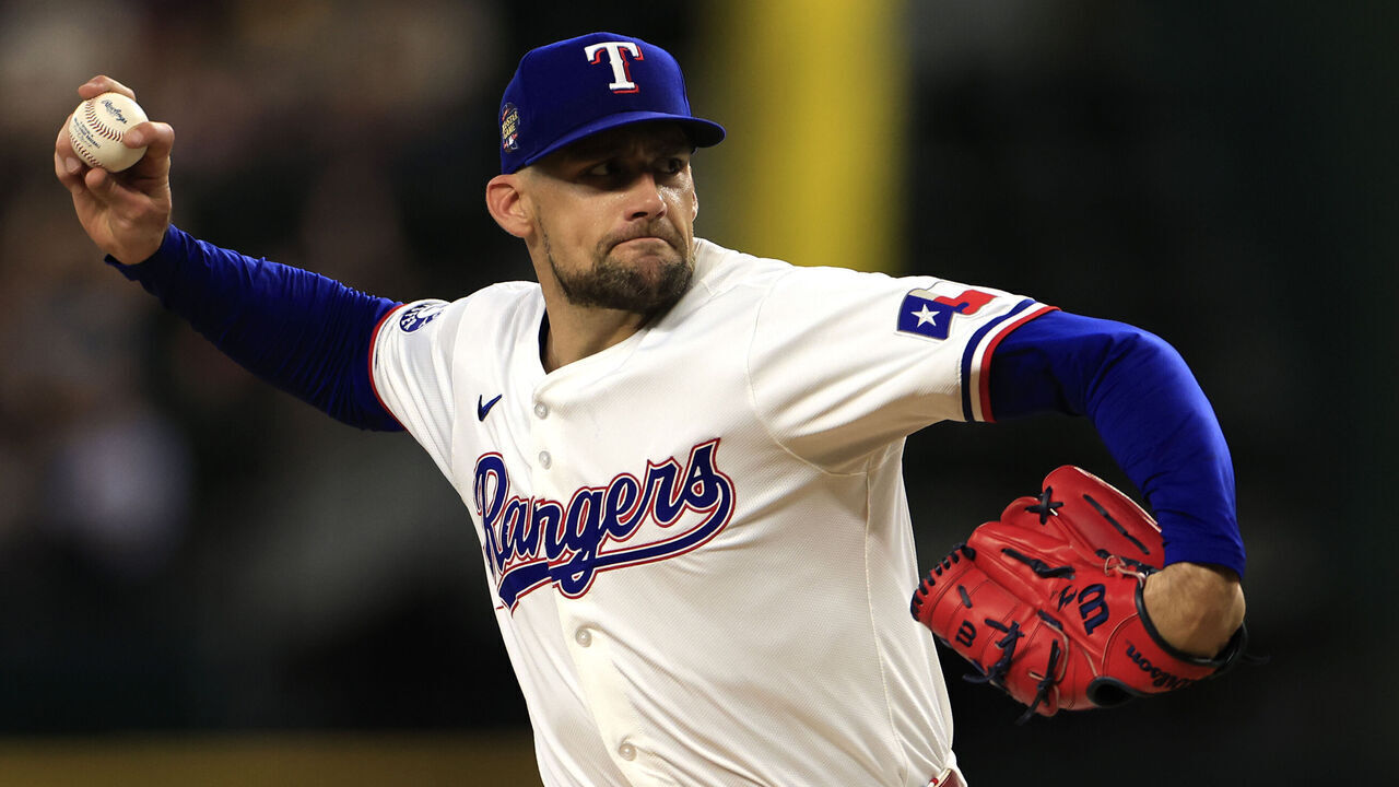 ARLINGTON, TX - MAY 2: Nathan Eovaldi #17 of the Texas Rangers pitches against the Washington Nationals during the second inning at Globe Life Field on May 2, 2024 in Arlington, Texas.