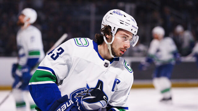 LOS ANGELES, CA - APRIL 06: Vancouver Canucks defenseman Quinn Hughes (43) skates before during an NHL game against the Los Angeles Kings on April 6, 2024 at Crypto.com Arena in Los Angeles, CA.