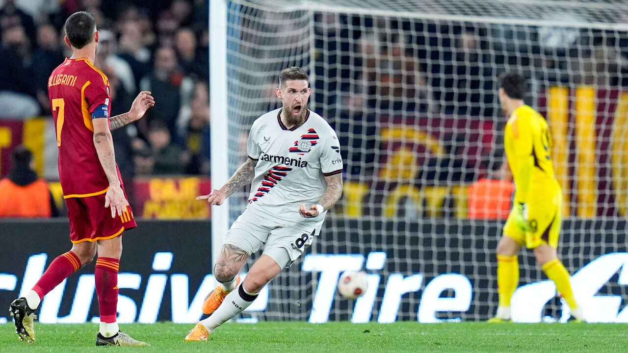 Robert Andrich of Bayer 04 Leverkusen celebrates after scoring second goal during the UEFA Europa League 2023/24 Semi-Final first leg match between AS Roma and Bayer 04 Leverkusen at Stadio Olimpico on May 2, 2024 in Rome, Italy.