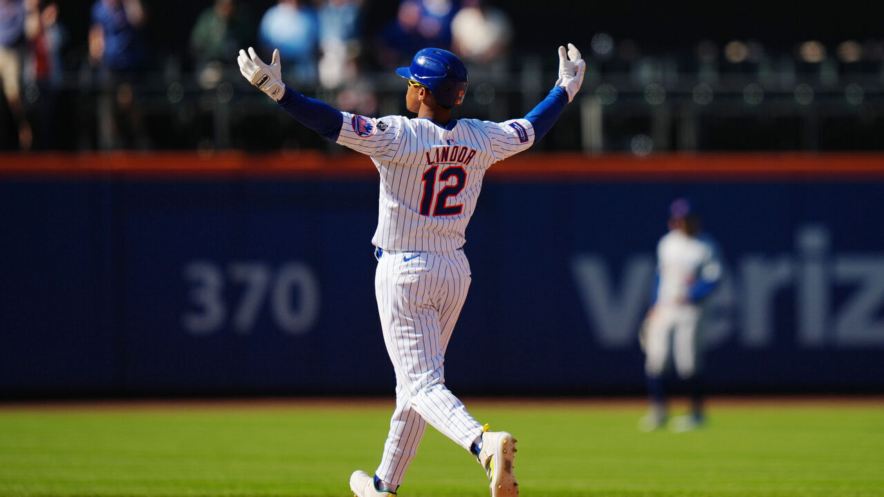 NEW YORK, NY - MAY 02: Francisco Lindor #12 of the New York Mets reacts after hitting a double during the game between the Chicago Cubs and the New York Mets at Citi Field on Thursday, May 2, 2024 in New York, New York.