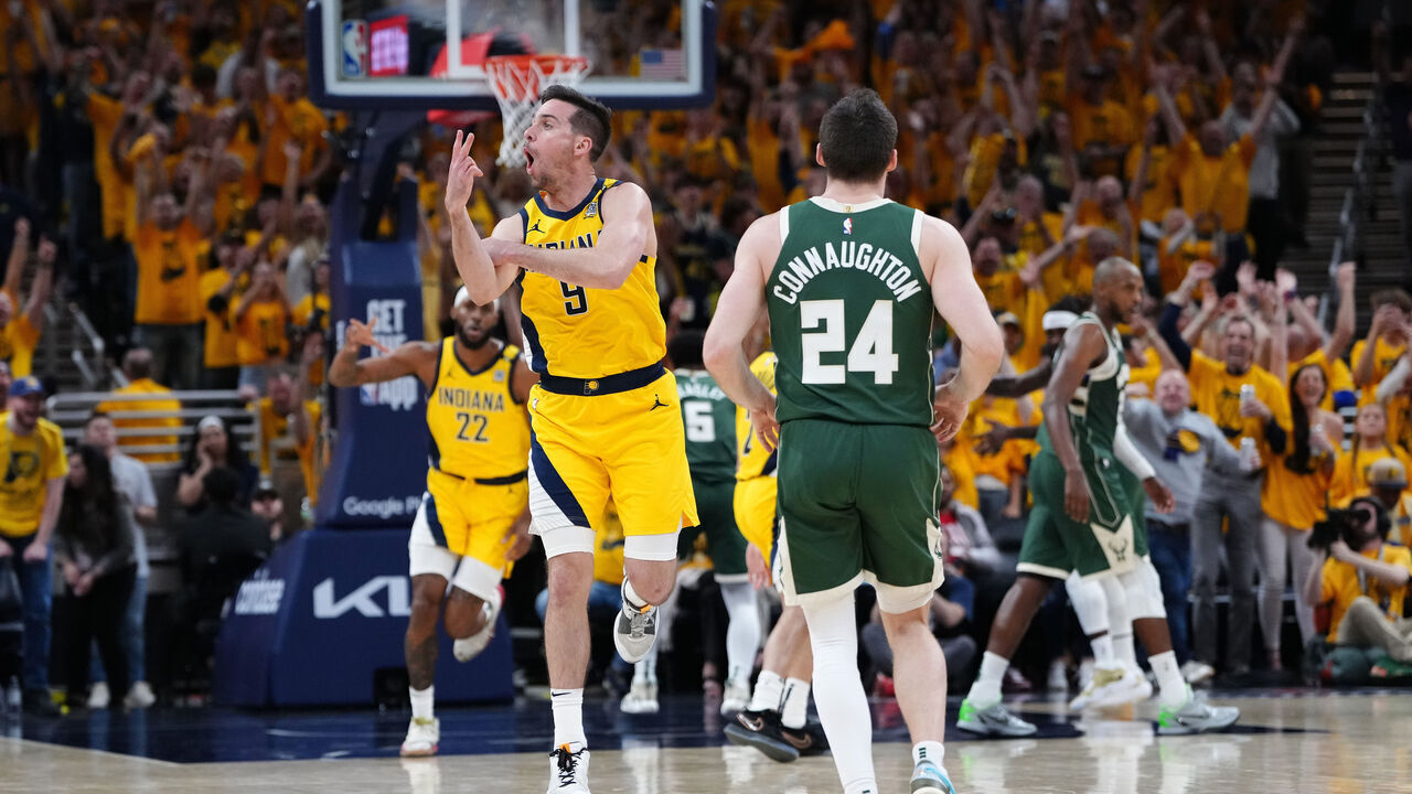 INDIANAPOLIS, INDIANA - MAY 02: T.J. McConnell #9 of the Indiana Pacers celebrates after a basket against the Milwaukee Bucks during the third quarter of game six of the Eastern Conference First Round Playoffs at Gainbridge Fieldhouse on May 02, 2024 in Indianapolis, Indiana.