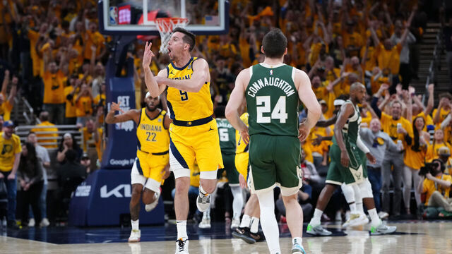 INDIANAPOLIS, INDIANA - MAY 02: T.J. McConnell #9 of the Indiana Pacers celebrates after a basket against the Milwaukee Bucks during the third quarter of game six of the Eastern Conference First Round Playoffs at Gainbridge Fieldhouse on May 02, 2024 in Indianapolis, Indiana.