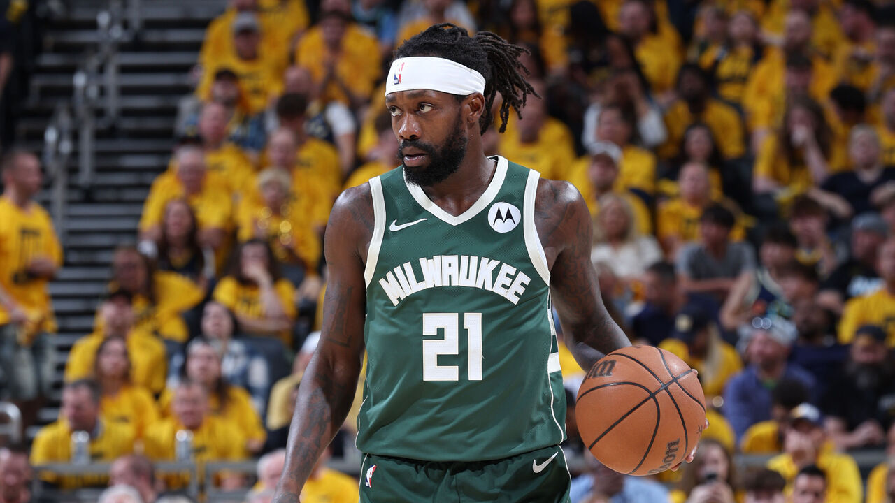INDIANAPOLIS, IN - MAY 2: Patrick Beverley #21 of the Milwaukee Bucks dribbles the ball during the game against the Indiana Pacers during Round 1 Game 6 of the 2024 NBA Playoffs on May 2, 2024 at Gainbridge Fieldhouse in Indianapolis, Indiana. Mandatory Copyright Notice: Copyright 2024 NBAE
