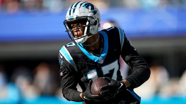 CHARLOTTE, NORTH CAROLINA - JANUARY 07: DJ Chark Jr. #17 of the Carolina Panthers carries the ball during the first half of the game against the Tampa Bay Buccaneers at Bank of America Stadium on January 07, 2024 in Charlotte, North Carolina.
