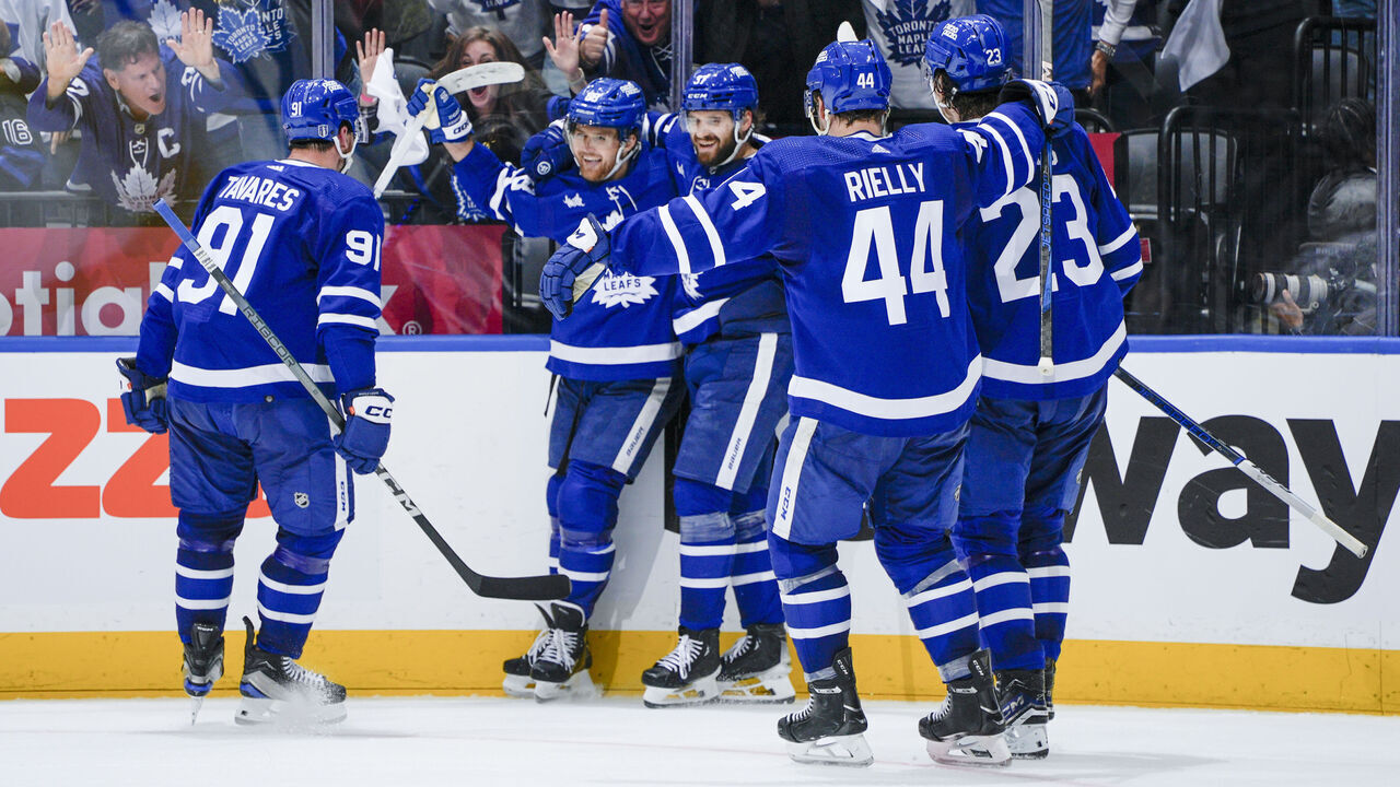 TORONTO, ON - MAY 2: William Nylander #88 of the Toronto Maple Leafs celebrates his goal against the Boston Bruins with teammates John Tavares #91,Timothy Liljegren #37, Morgan Rielly #44 and Matthew Knies #23 during the second period in Game Six of the First Round of the 2024 Stanley Cup Playoffs at Scotiabank Arena on May 2, 2024 in Toronto, Ontario, Canada.