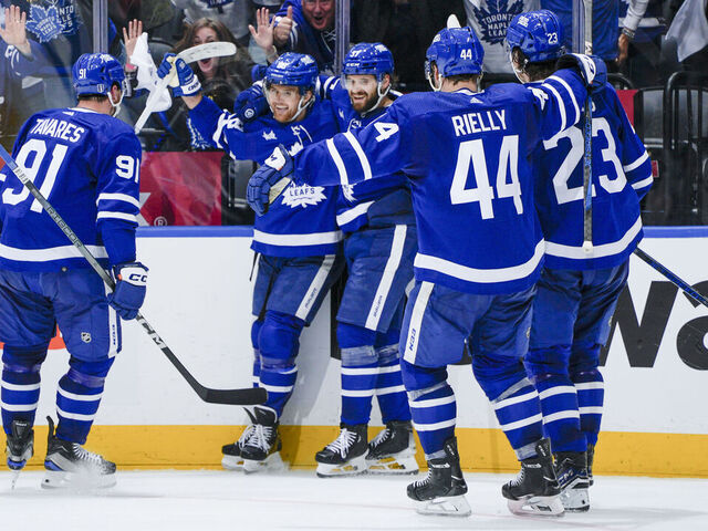 TORONTO, ON - MAY 2: William Nylander #88 of the Toronto Maple Leafs celebrates his goal against the Boston Bruins with teammates John Tavares #91,Timothy Liljegren #37, Morgan Rielly #44 and Matthew Knies #23 during the second period in Game Six of the First Round of the 2024 Stanley Cup Playoffs at Scotiabank Arena on May 2, 2024 in Toronto, Ontario, Canada.