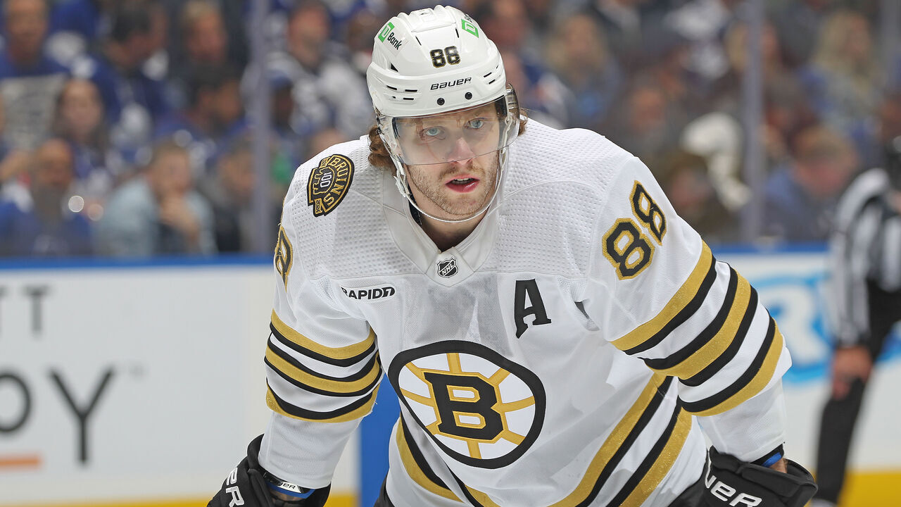 TORONTO, CANADA - APRIL 27: David Pastrnak #88 of the Boston Bruins waits for play to resume against the Toronto Maple Leafs in Game Four of the First Round of the 2024 Stanley Cup Playoffs at Scotiabank Arena on April 27, 2024 in Toronto, Ontario, Canada. The Bruins defeated the Maple Leafs 3-1.