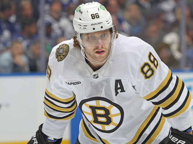 TORONTO, CANADA - APRIL 27: David Pastrnak #88 of the Boston Bruins waits for play to resume against the Toronto Maple Leafs in Game Four of the First Round of the 2024 Stanley Cup Playoffs at Scotiabank Arena on April 27, 2024 in Toronto, Ontario, Canada. The Bruins defeated the Maple Leafs 3-1.