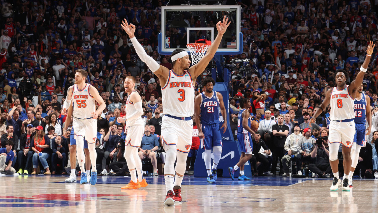 PHILADELPHIA, PA - MAY 2: Josh Hart #3 of the New York Knicks celebrates during the game against the Philadelphia 76ers during Round 1 Game 6 on May 2, 2024 at the Wells Fargo Center in Philadelphia, Pennsylvania NOTE TO USER: User expressly acknowledges and agrees that, by downloading and/or using this Photograph, user is consenting to the terms and conditions of the Getty Images License Agreement. Mandatory Copyright Notice: Copyright 2023 NBAE