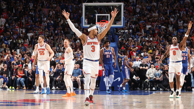PHILADELPHIA, PA - MAY 2: Josh Hart #3 of the New York Knicks celebrates during the game against the Philadelphia 76ers during Round 1 Game 6 on May 2, 2024 at the Wells Fargo Center in Philadelphia, Pennsylvania NOTE TO USER: User expressly acknowledges and agrees that, by downloading and/or using this Photograph, user is consenting to the terms and conditions of the Getty Images License Agreement. Mandatory Copyright Notice: Copyright 2023 NBAE