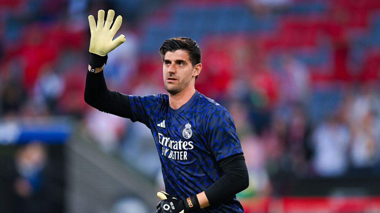 MUNICH, GERMANY - APRIL 30: Thibaut Courtois of Real Madrid gestures prior to the UEFA Champions League semi-final first leg match between FC Bayern München and Real Madrid at Allianz Arena on April 30, 2024 in Munich, Germany.