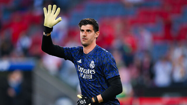 MUNICH, GERMANY - APRIL 30: Thibaut Courtois of Real Madrid gestures prior to the UEFA Champions League semi-final first leg match between FC Bayern München and Real Madrid at Allianz Arena on April 30, 2024 in Munich, Germany.