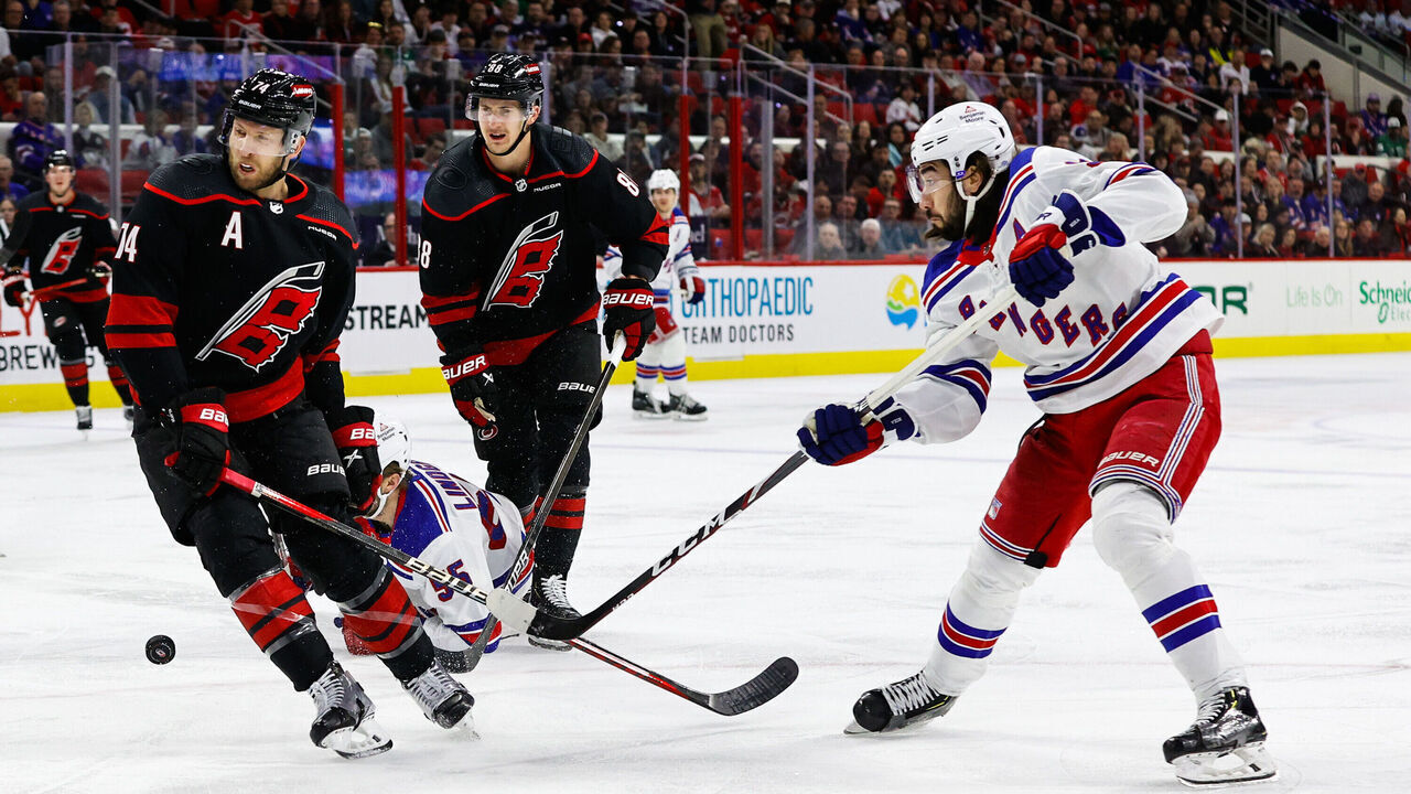 RALEIGH, NC - MARCH 12: Mika Zibanejad #93 of the New York Rangers shoots the puck during the first period of the game against the Carolina Hurricanes at PNC Arena on March 12, 2024 in Raleigh, North Carolina. Rangers defeat Hurricanes 1-0.
